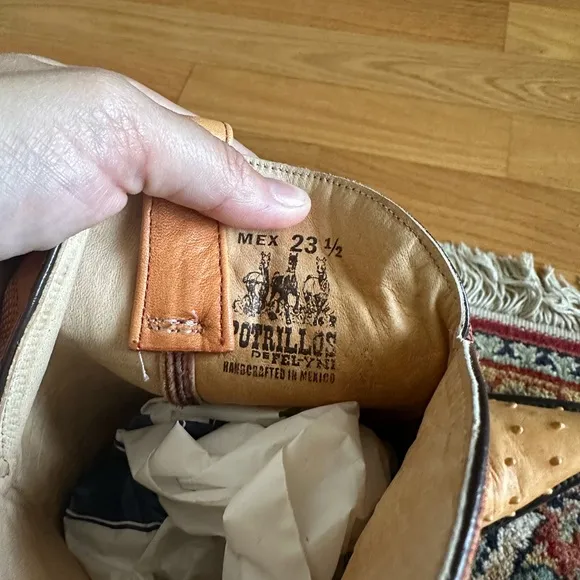 Tan Ostrich Leather Cowboy Boots with Decorative Stitching Made in Mexico
