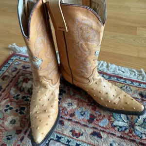 Tan Ostrich Leather Cowboy Boots with Decorative Stitching Made in Mexico