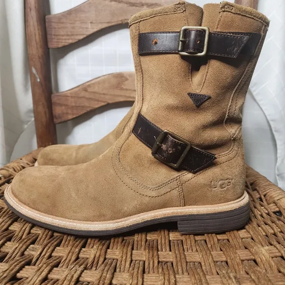 Tan Suede Mens UGG‎ Ankle Boots Sherpa Jaren Biker Pull On 9.5