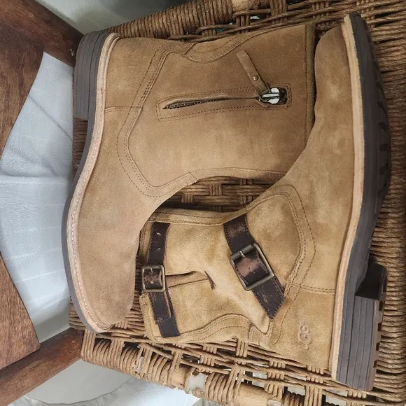 Tan Suede Mens UGG‎ Ankle Boots Sherpa Jaren Biker Pull On 9.5
