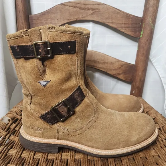 Tan Suede Mens UGG‎ Ankle Boots Sherpa Jaren Biker Pull On 9.5
