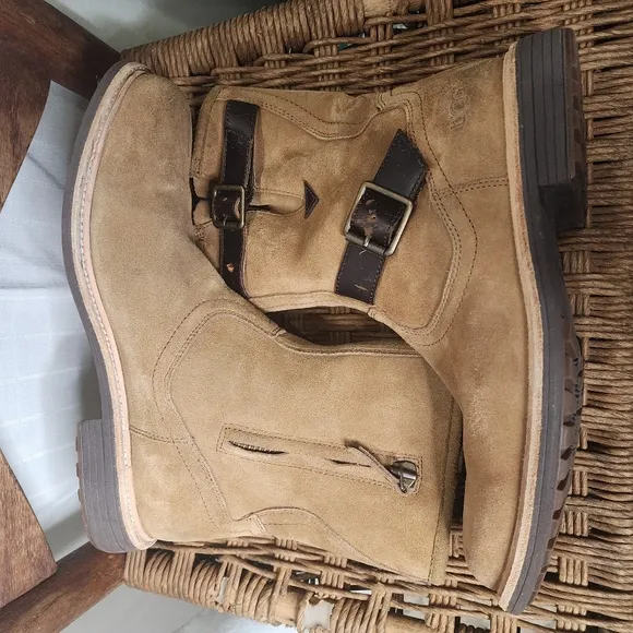Tan Suede Mens UGG‎ Ankle Boots Sherpa Jaren Biker Pull On 9.5