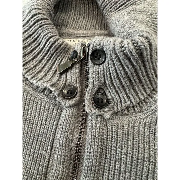 Ted Baker Cotton Blend Zip Up Gray Jacket Sweater Front Pouch Pocket Warm Lining