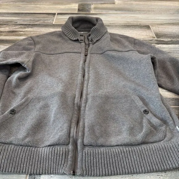 Ted Baker Cotton Blend Zip Up Gray Jacket Sweater Front Pouch Pocket Warm Lining