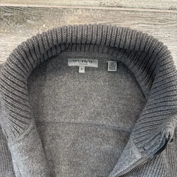 Ted Baker Cotton Blend Zip Up Gray Jacket Sweater Front Pouch Pocket Warm Lining