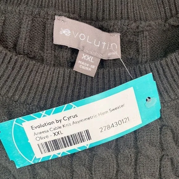 The Evolution Cyrus Aneesa Cable Knit Asymmetric HemSweater Olive Stitch Fix Nwt