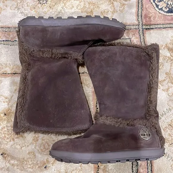 Timberland Mukluk Brown Suede Warm Women’s Sz 5.5M Slip On Faux Fur Winter Boot