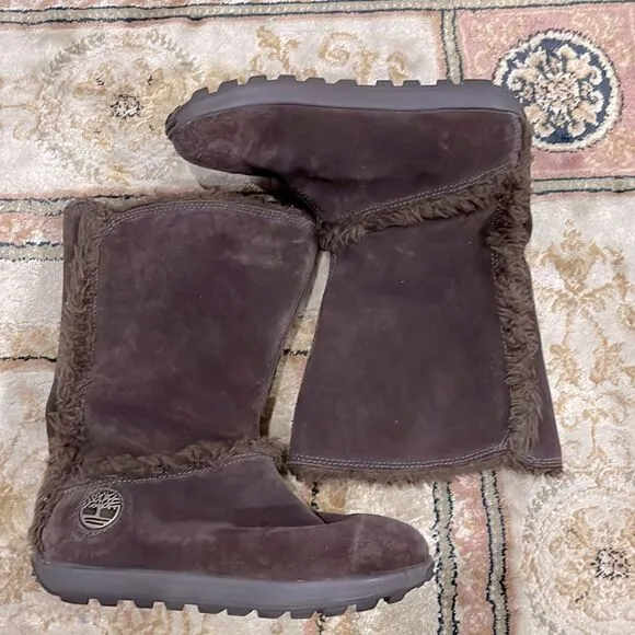 Timberland Mukluk Brown Suede Warm Women’s Sz 5.5M Slip On Faux Fur Winter Boot
