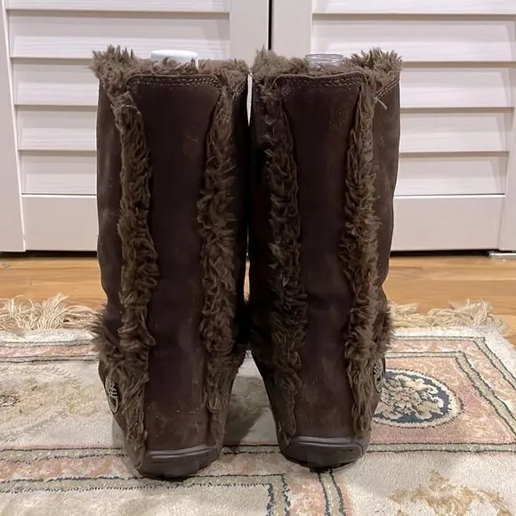 Timberland Mukluk Brown Suede Warm Women’s Sz 5.5M Slip On Faux Fur Winter Boot
