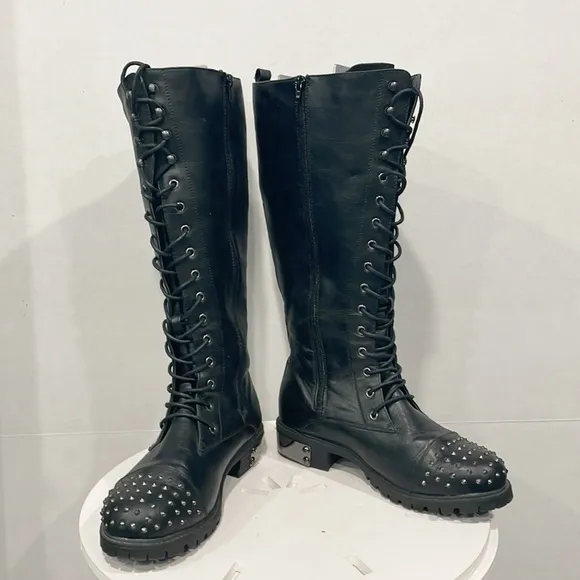 Torrid Womens Sz 9W Black Spiked Heeled lace up High Boots Faux Leather Goth