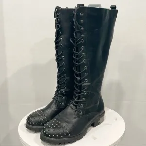Torrid Womens Sz 9W Black Spiked Heeled lace up High Boots Faux Leather Goth