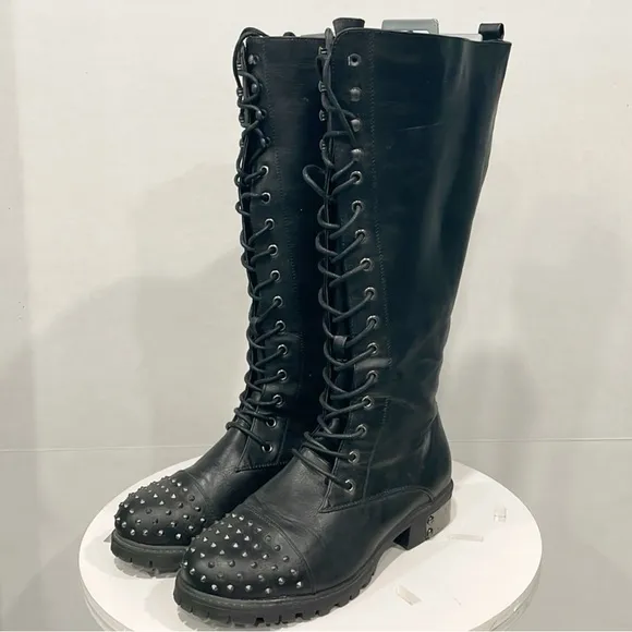 Torrid Womens Sz 9W Black Spiked Heeled lace up High Boots Faux Leather Goth