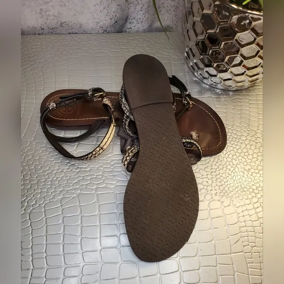 Tory Burch Authentic Ankle Strap Sandals Women's Animal Print Brown Leather