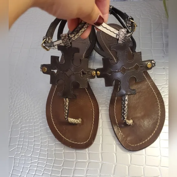 Tory Burch Authentic Ankle Strap Sandals Women's Animal Print Brown Leather