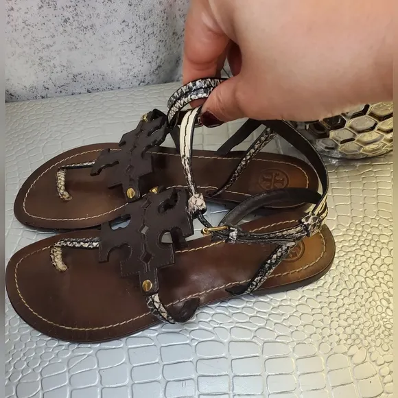 Tory Burch Authentic Ankle Strap Sandals Women's Animal Print Brown Leather