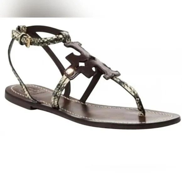 Tory Burch Authentic Ankle Strap Sandals Women's Animal Print Brown Leather