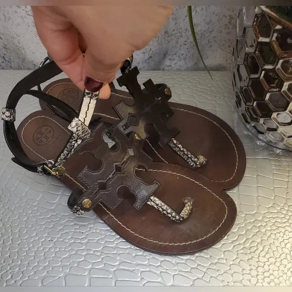 Tory Burch Authentic Ankle Strap Sandals Women's Animal Print Brown Leather