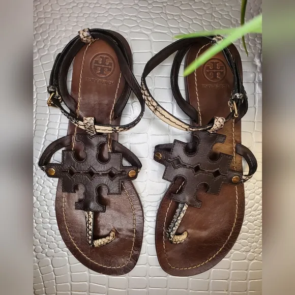 Tory Burch Authentic Ankle Strap Sandals Women's Animal Print Brown Leather