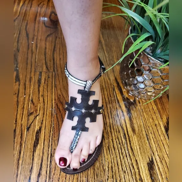 Tory Burch Authentic Ankle Strap Sandals Women's Animal Print Brown Leather