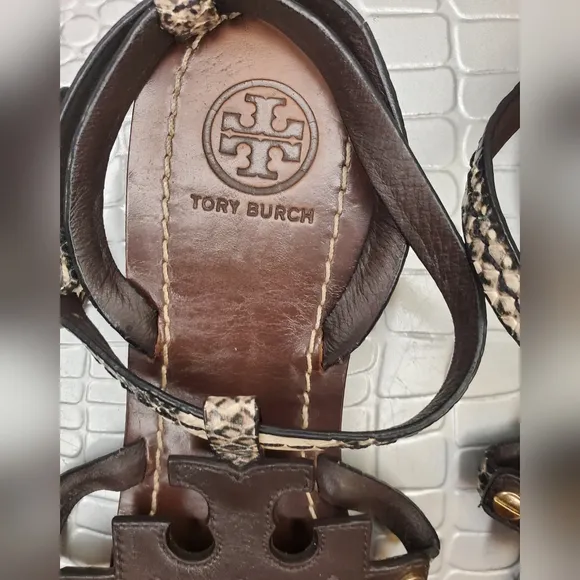 Tory Burch Authentic Ankle Strap Sandals Women's Animal Print Brown Leather