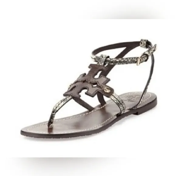 Tory Burch Authentic Ankle Strap Sandals Women's Animal Print Brown Leather