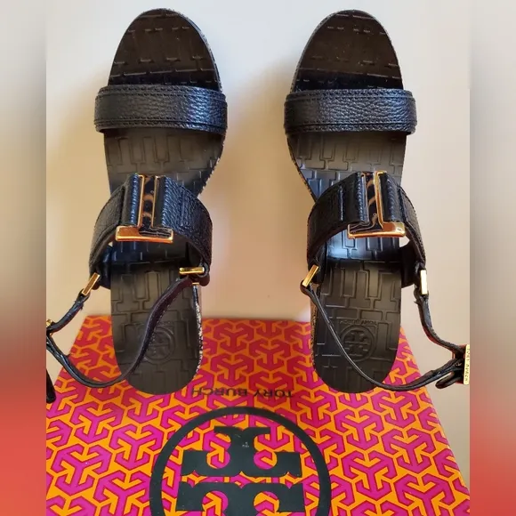 Tory Burch Black and Tan Wedge Shoes