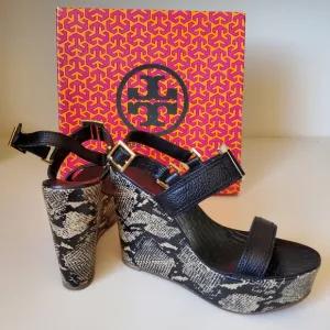 Tory Burch Black and Tan Wedge Shoes