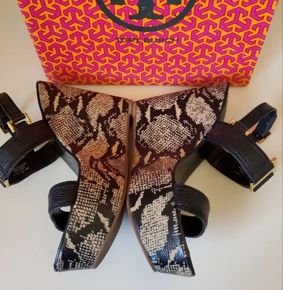 Tory Burch Black and Tan Wedge Shoes