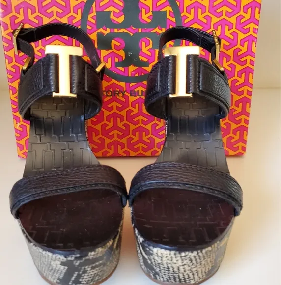 Tory Burch Black and Tan Wedge Shoes
