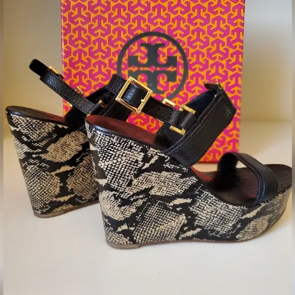 Tory Burch Black and Tan Wedge Shoes