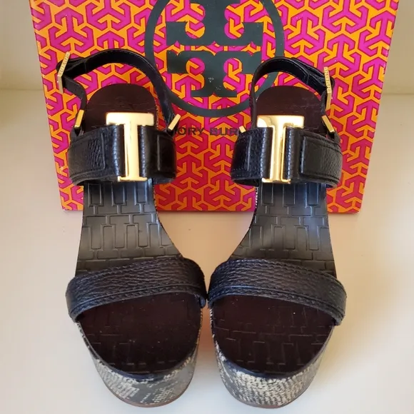 Tory Burch Black and Tan Wedge Shoes