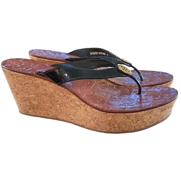 Tory Burch Black Patent Leather Thora Cork Platform Wedge Thong Sandal Size 9