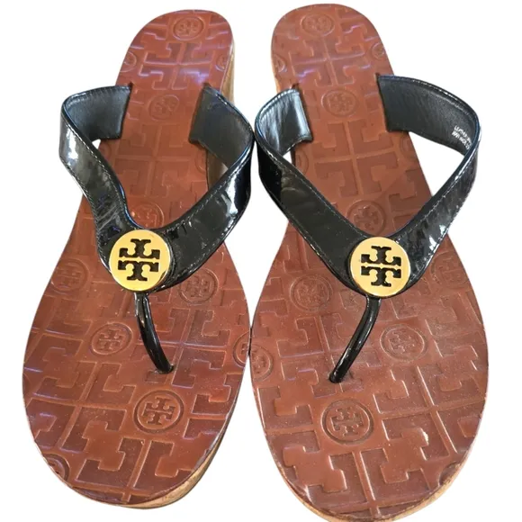 Tory Burch Black Patent Leather Thora Cork Platform Wedge Thong Sandal Size 9