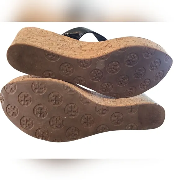 Tory Burch Black Patent Leather Thora Cork Platform Wedge Thong Sandal Size 9