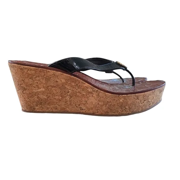 Tory Burch Black Patent Leather Thora Cork Platform Wedge Thong Sandal Size 9
