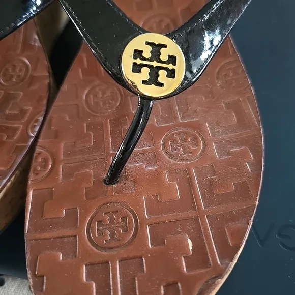 Tory Burch Black Patent Leather Thora Cork Platform Wedge Thong Sandal Size 9