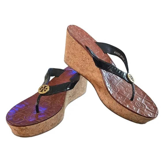 Tory Burch Black Patent Leather Thora Cork Platform Wedge Thong Sandal Size 9
