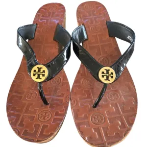 Tory Burch Black Patent Leather Thora Cork Platform Wedge Thong Sandal Size 9