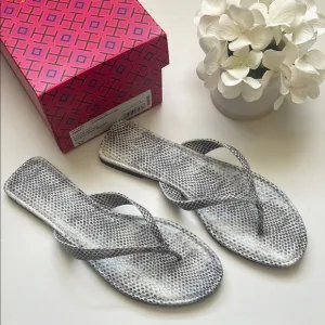 Tory Burch Lavender Snake Print Roccia Gray Flip Flops