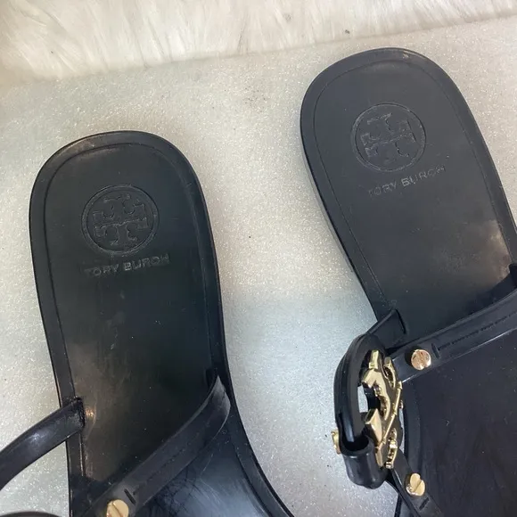 TORY BURCH MINI MILLER THONG THONG SANDALS BLACK  GOLD LOGO SZ 8