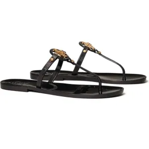 TORY BURCH MINI MILLER THONG THONG SANDALS BLACK  GOLD LOGO SZ 8