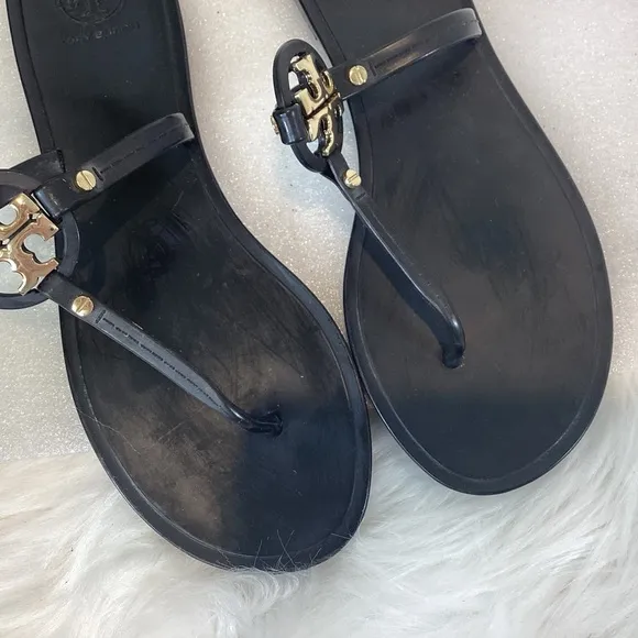 TORY BURCH MINI MILLER THONG THONG SANDALS BLACK  GOLD LOGO SZ 8