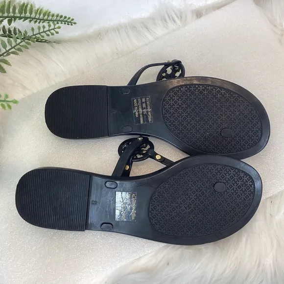 TORY BURCH MINI MILLER THONG THONG SANDALS BLACK  GOLD LOGO SZ 8