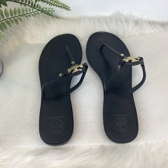TORY BURCH MINI MILLER THONG THONG SANDALS BLACK  GOLD LOGO SZ 8