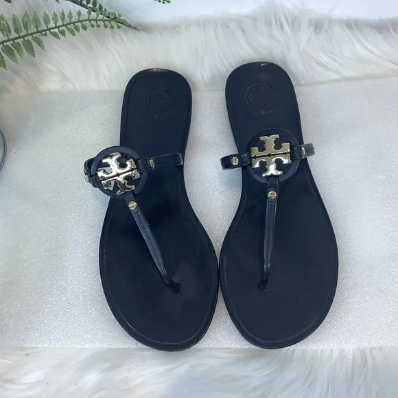 TORY BURCH MINI MILLER THONG THONG SANDALS BLACK  GOLD LOGO SZ 8