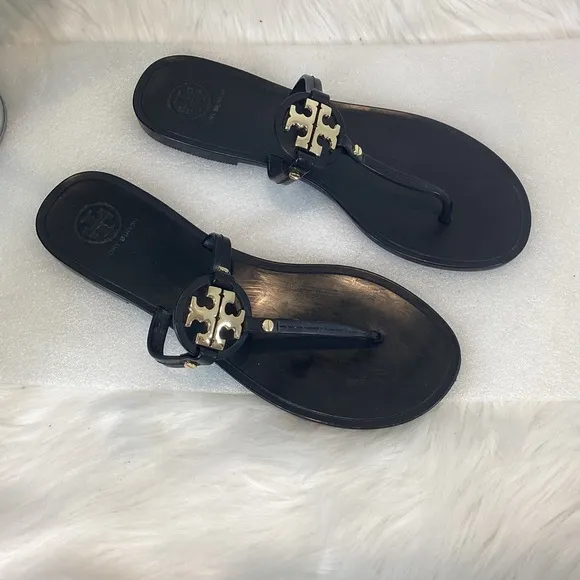 TORY BURCH MINI MILLER THONG THONG SANDALS BLACK  GOLD LOGO SZ 8
