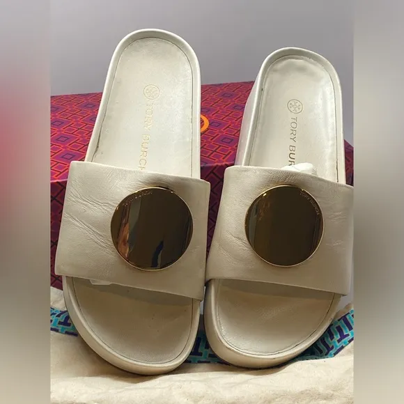 Tory Burch Patos Slides Ivory  and Gold with Sleek Platform