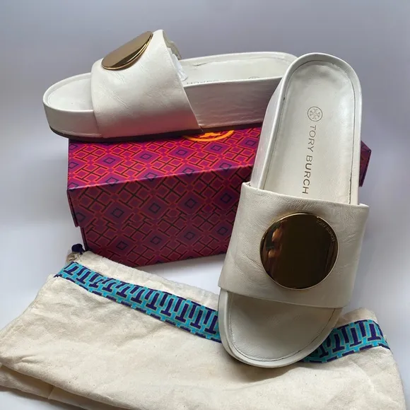 Tory Burch Patos Slides Ivory  and Gold with Sleek Platform