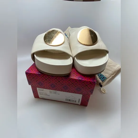 Tory Burch Patos Slides Ivory  and Gold with Sleek Platform