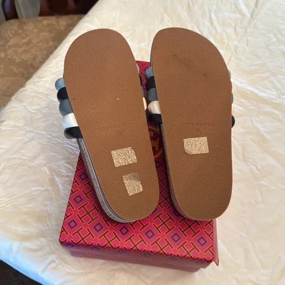Tory Burch Quilted Flatform Napa Leather Stylish BlackSlide Sandals